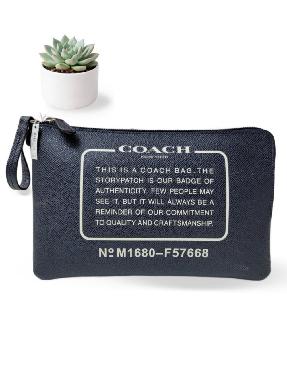 NWT COACH Navy Blue Leather Storypatch Wristlet Pouch Zip Clutch F57668